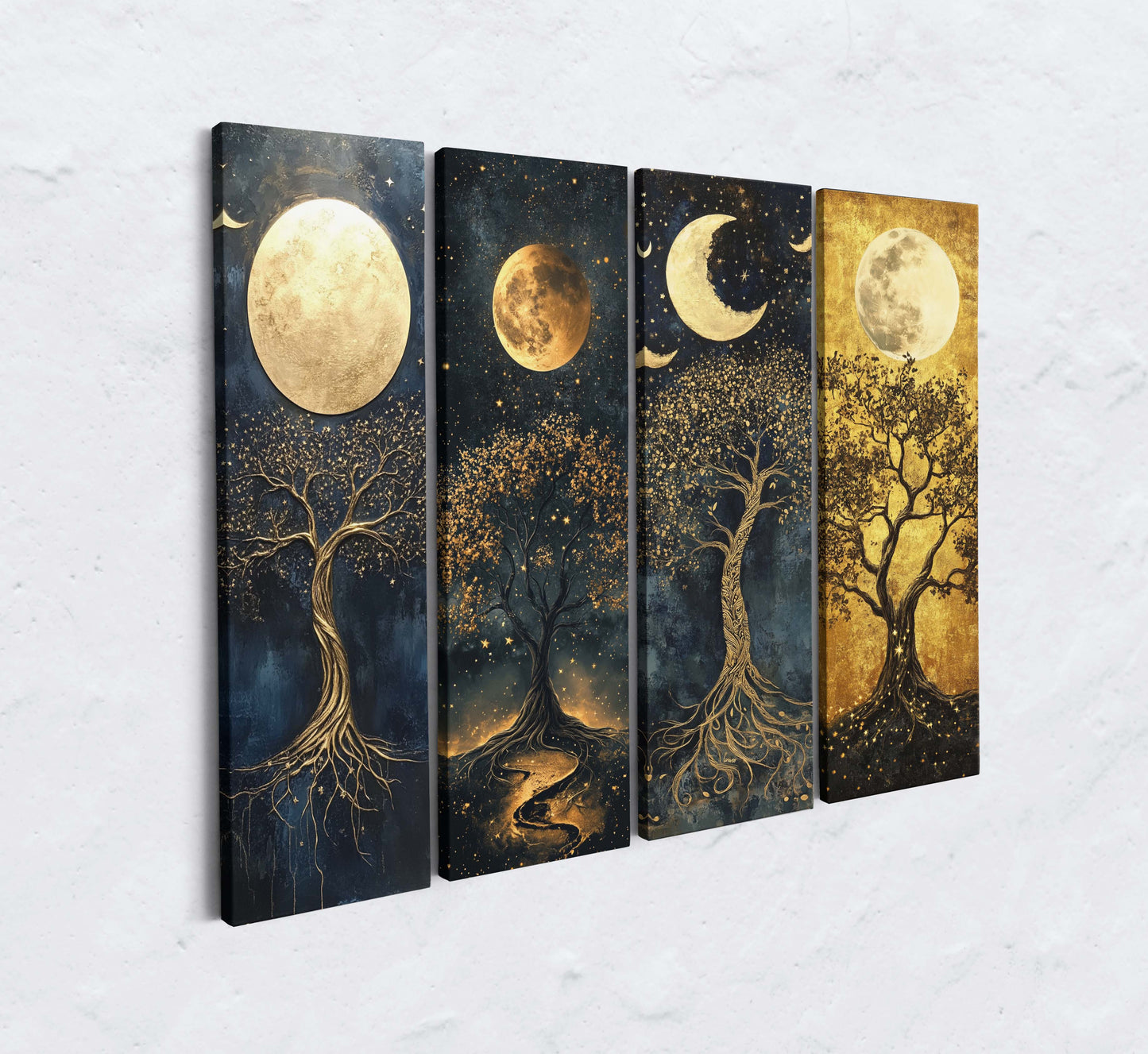 4 Panel Gold Moon Tree Canvas Wall Art Set | Modern Abstract Botanical Wall Decor | Luxury Multi Panel Canvas Print