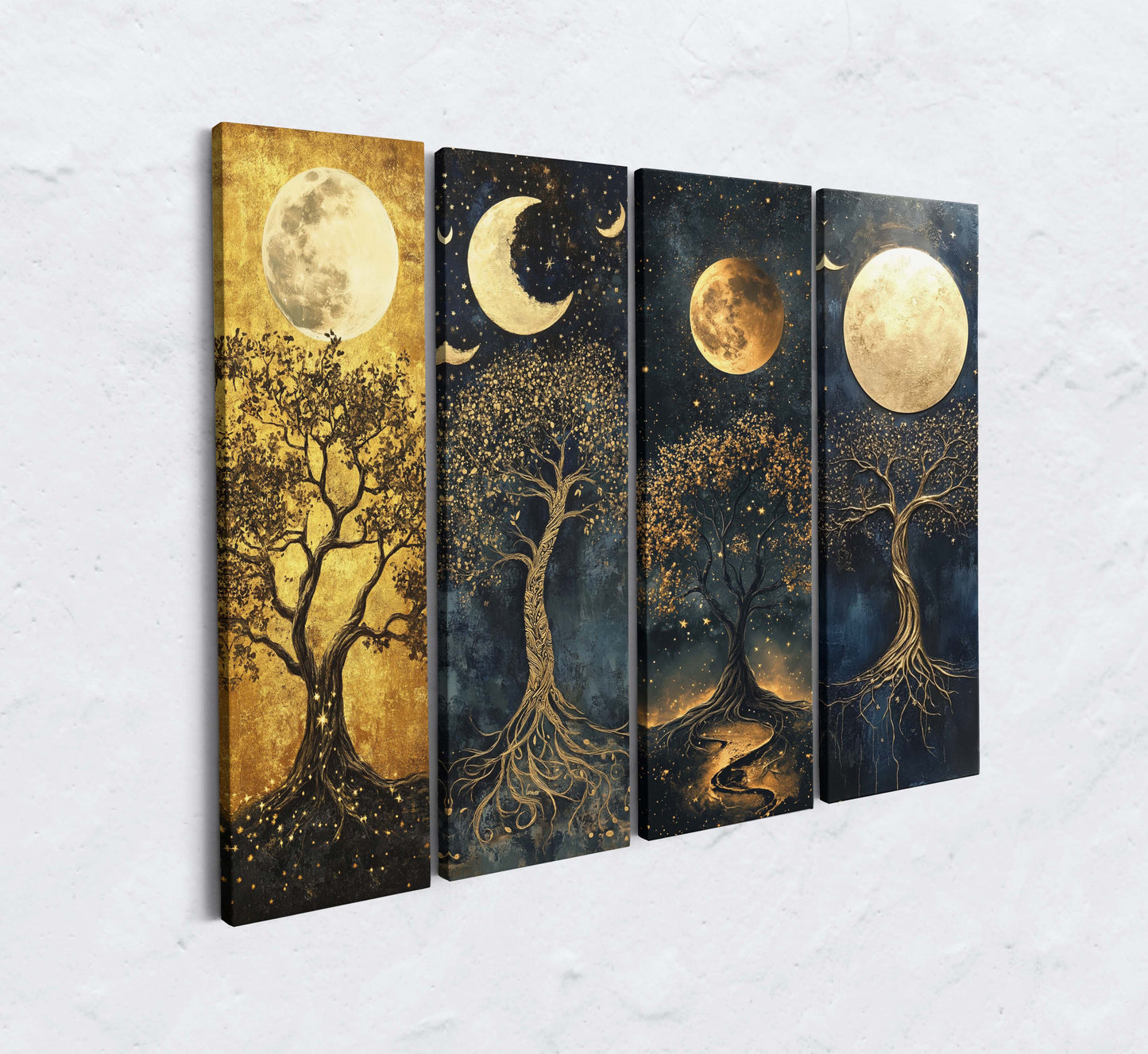 4 Panel Gold Moon Tree Canvas Wall Art Set | Modern Abstract Botanical Wall Decor | Luxury Multi Panel Canvas Print