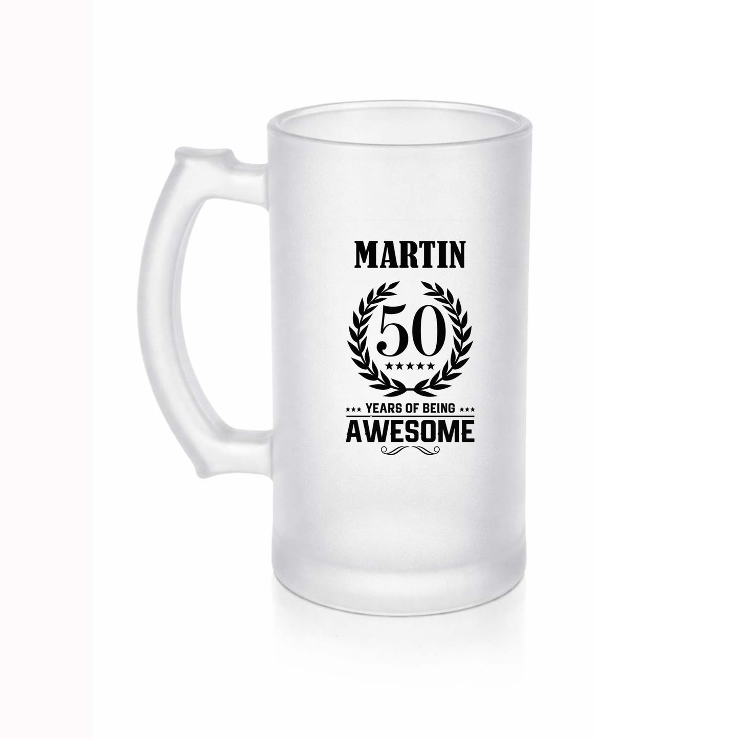 Personalised Birthday Beer Stein Glass – Custom Name & Age Frosted Tankard