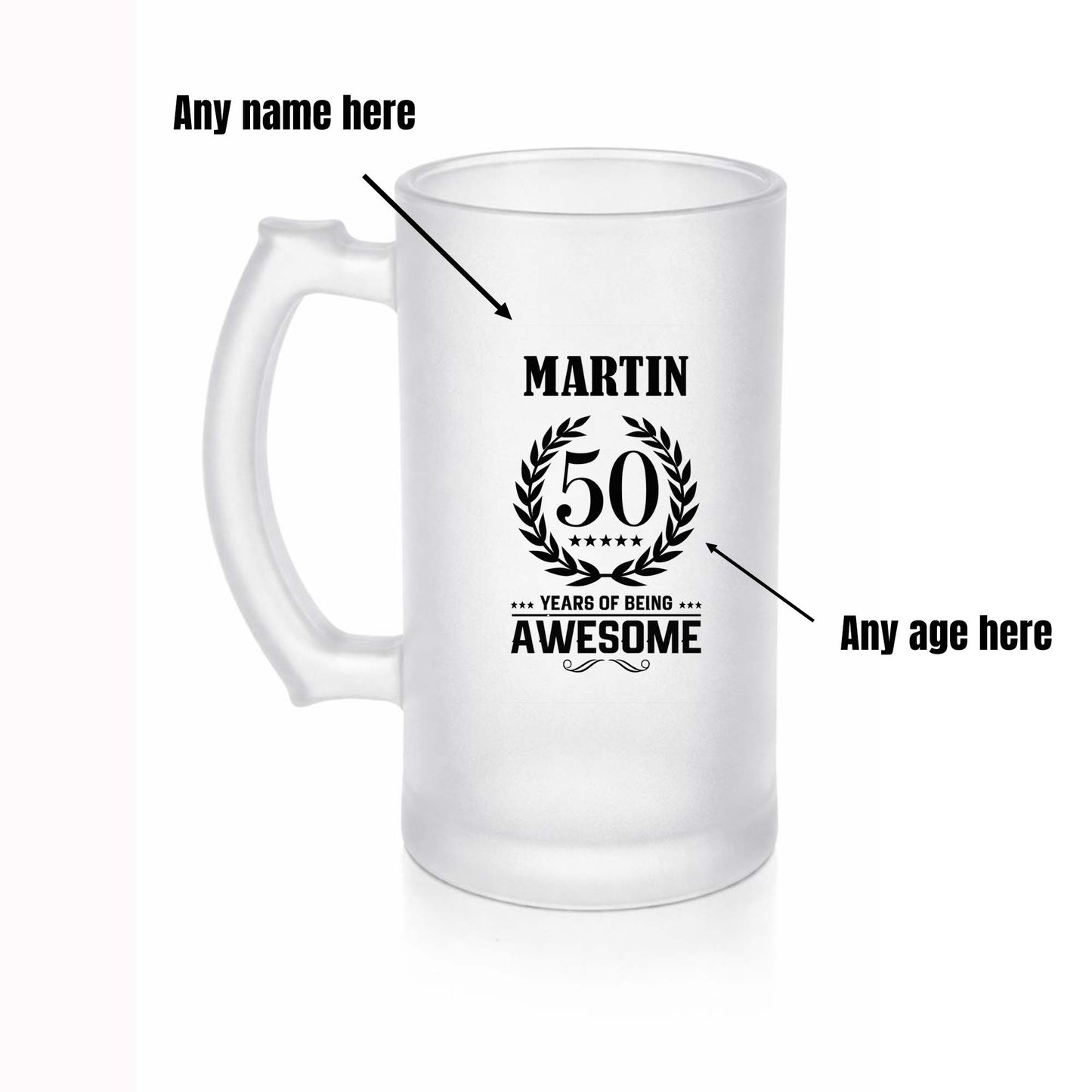 Personalised Birthday Beer Stein Glass – Custom Name & Age Frosted Tankard