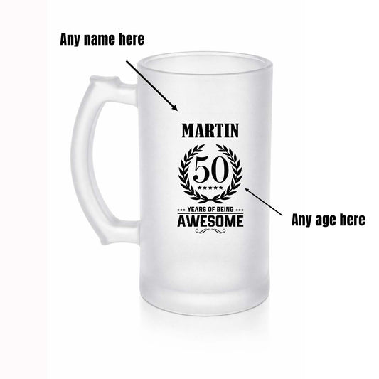 Personalised Birthday Beer Stein Glass – Custom Name & Age Frosted Tankard