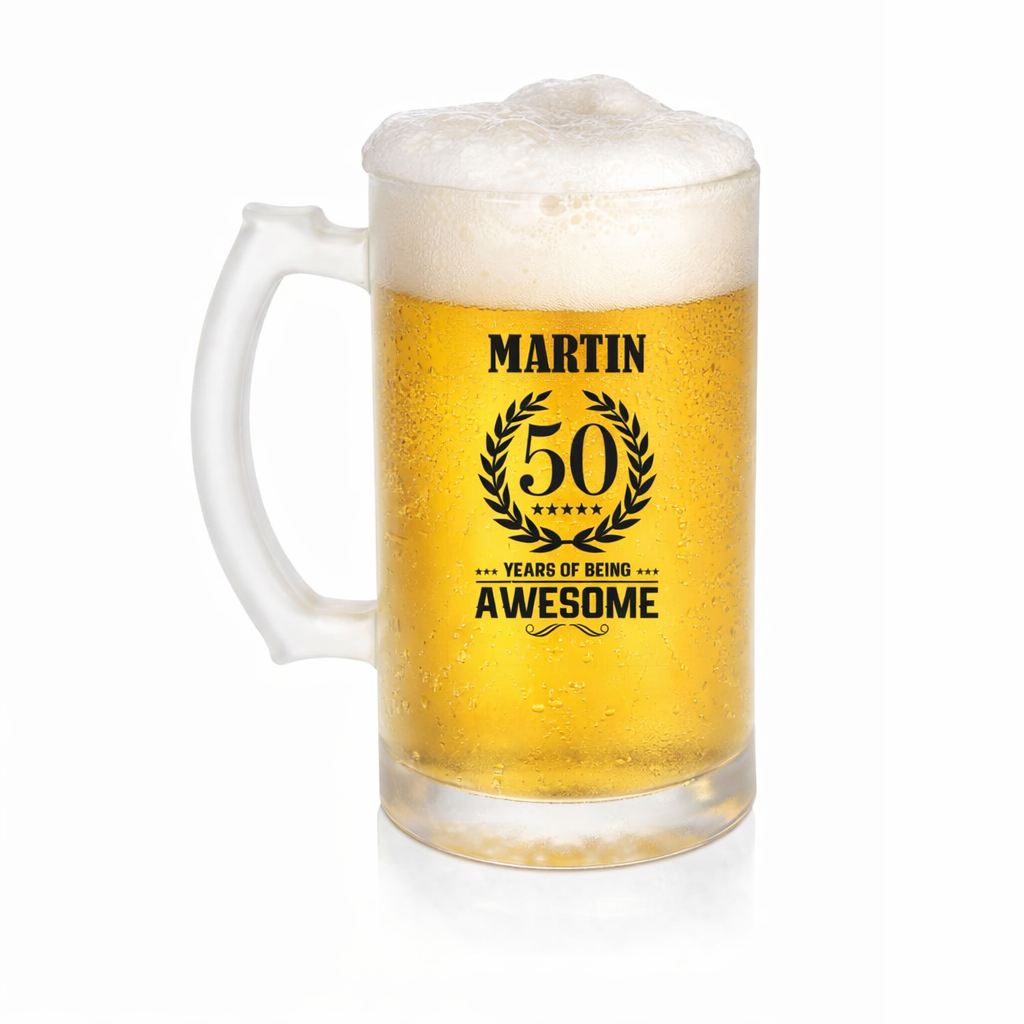 Personalised Birthday Beer Stein Glass – Custom Name & Age Frosted Tankard