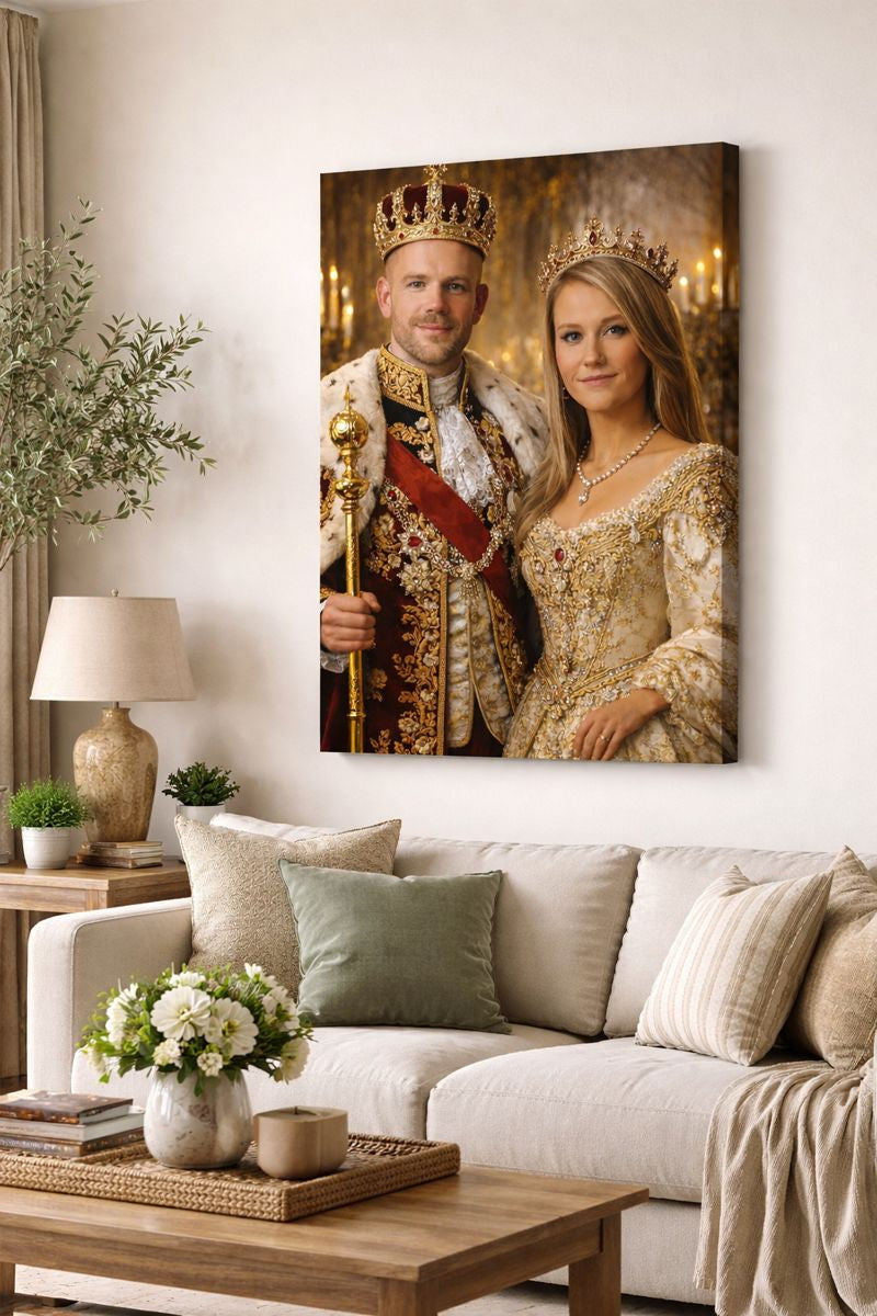 Personalised Cinematic Royal Couples Portrait on Canvas – Custom Picture to Royalty, Frame-Wrapped Print