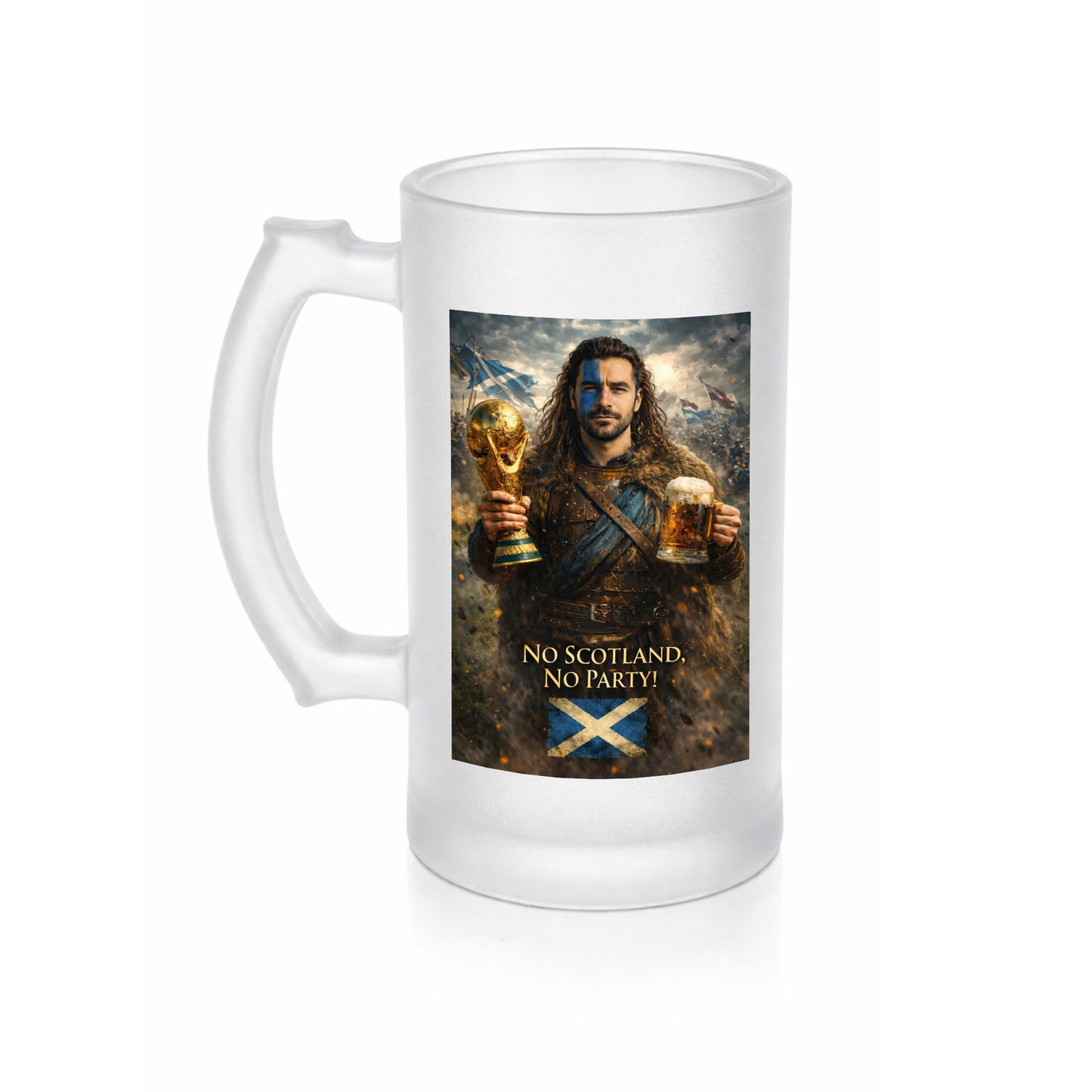 Personalised Custom Your Photo or Picture To Braveheart William Wallace Scotland World Cup Frosted glass Beer Mug.