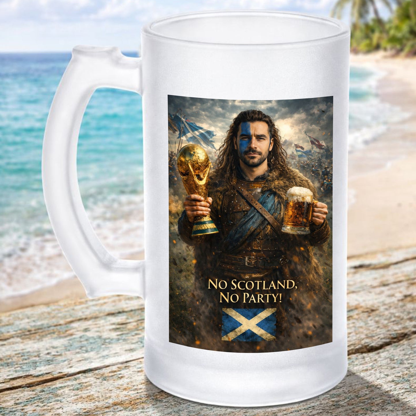 Personalised Custom Your Photo or Picture To Braveheart William Wallace Scotland World Cup Frosted glass Beer Mug.