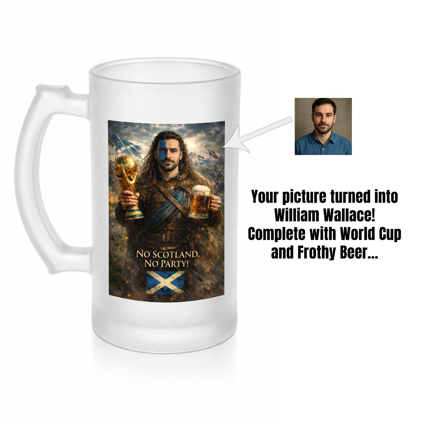 Personalised Custom Your Photo or Picture To Braveheart William Wallace Scotland World Cup Frosted glass Beer Mug.
