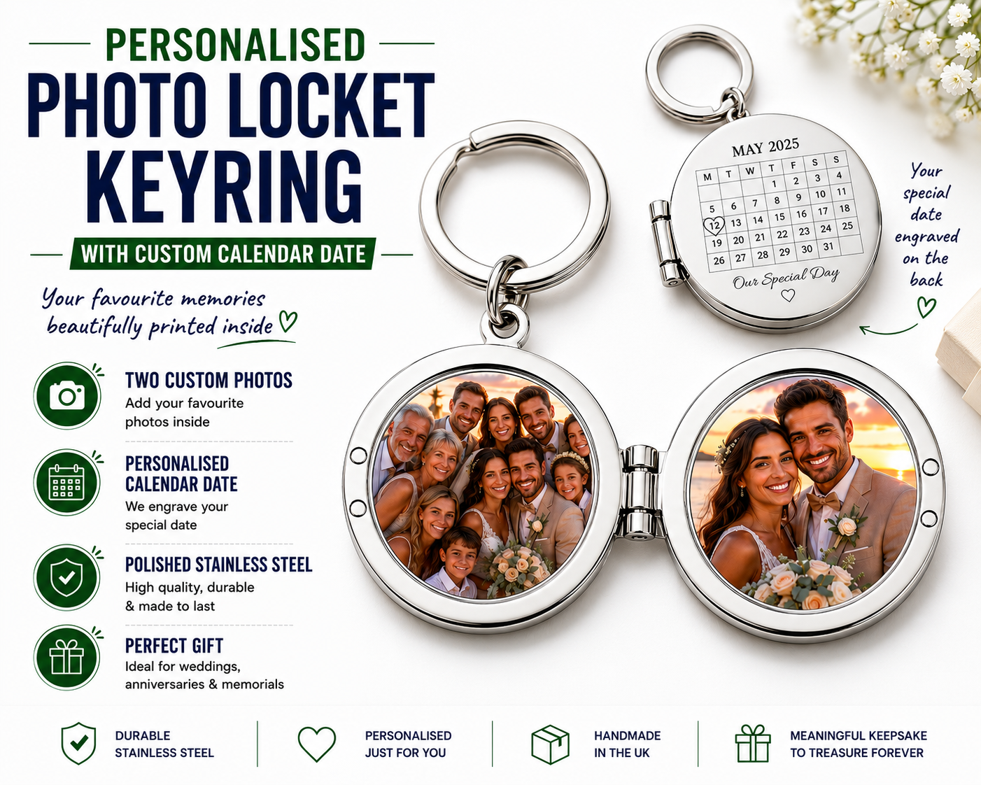 Personalised Photo Locket Keyring with Custom Calendar Date | Two Photo Stainless Steel Memory Keyring | Wedding Anniversary Memorial Gift
