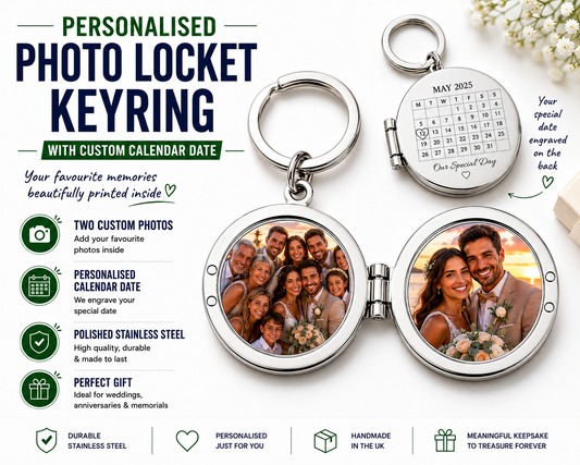 Personalised Photo Locket Keyring with Custom Calendar Date | Two Photo Stainless Steel Memory Keyring | Wedding Anniversary Memorial Gift