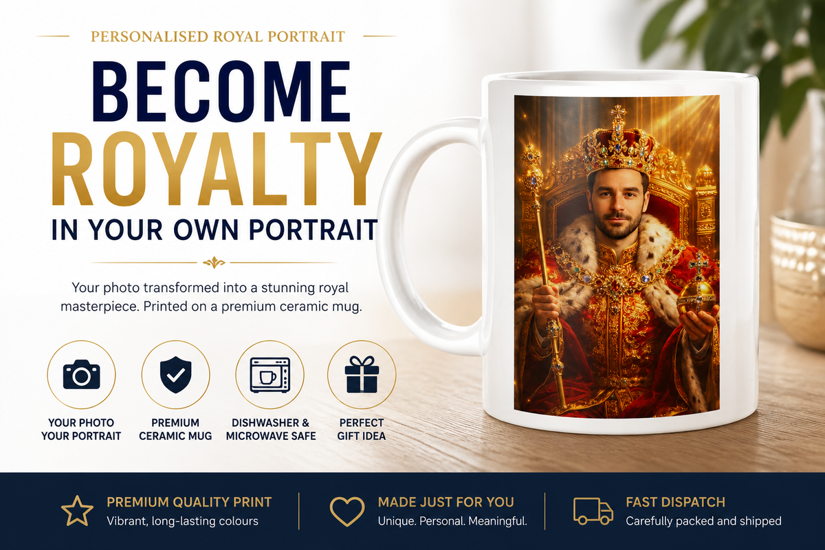 Personalised Royal King 11oz ceramic mug featuring a custom photo transformed into a luxurious royal portrait with crown, throne, orb and sceptre.