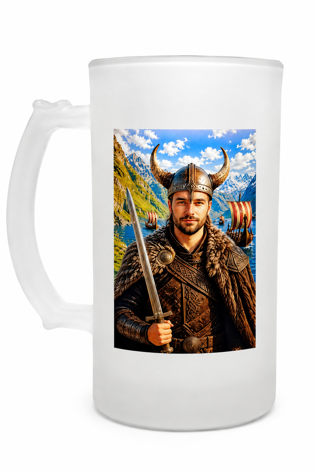 Personalised Viking frosted glass beer stein featuring a custom portrait created from your uploaded photo, professionally printed on a premium glass tankard.