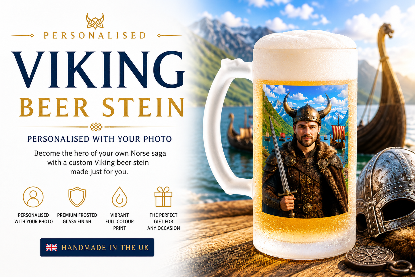 Personalised Viking Frosted Beer Stein | Custom Photo Viking Glass Tankard | Unique Gift for Him