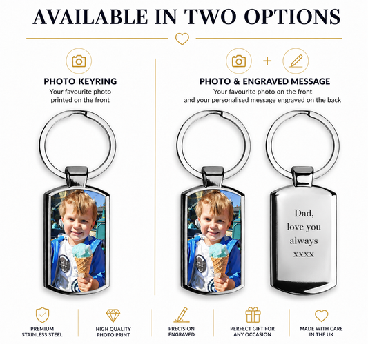 Personalised Photo Keyring | Custom Picture Keyring | Stainless Steel Gift with Optional Engraving