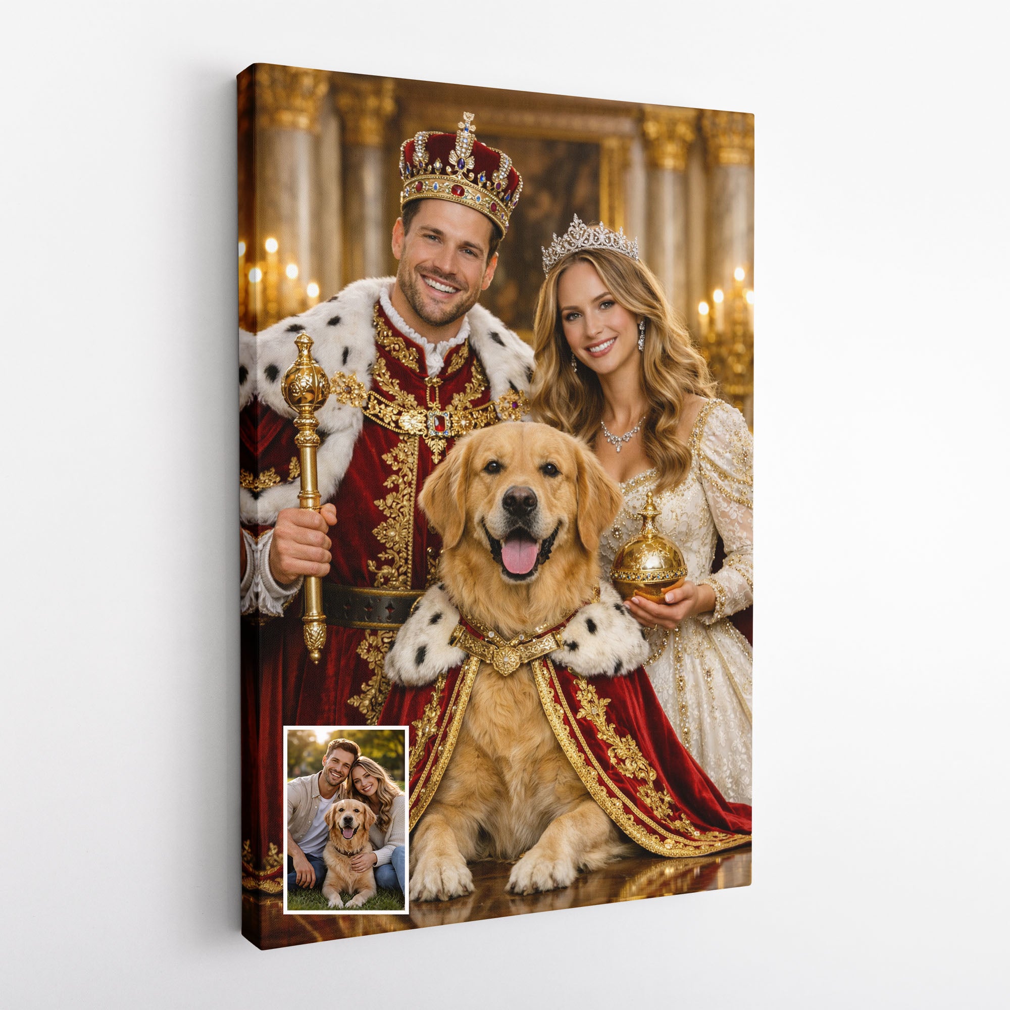 Canvas print of a couple and their dog dressed in royal attire with a gold frame.