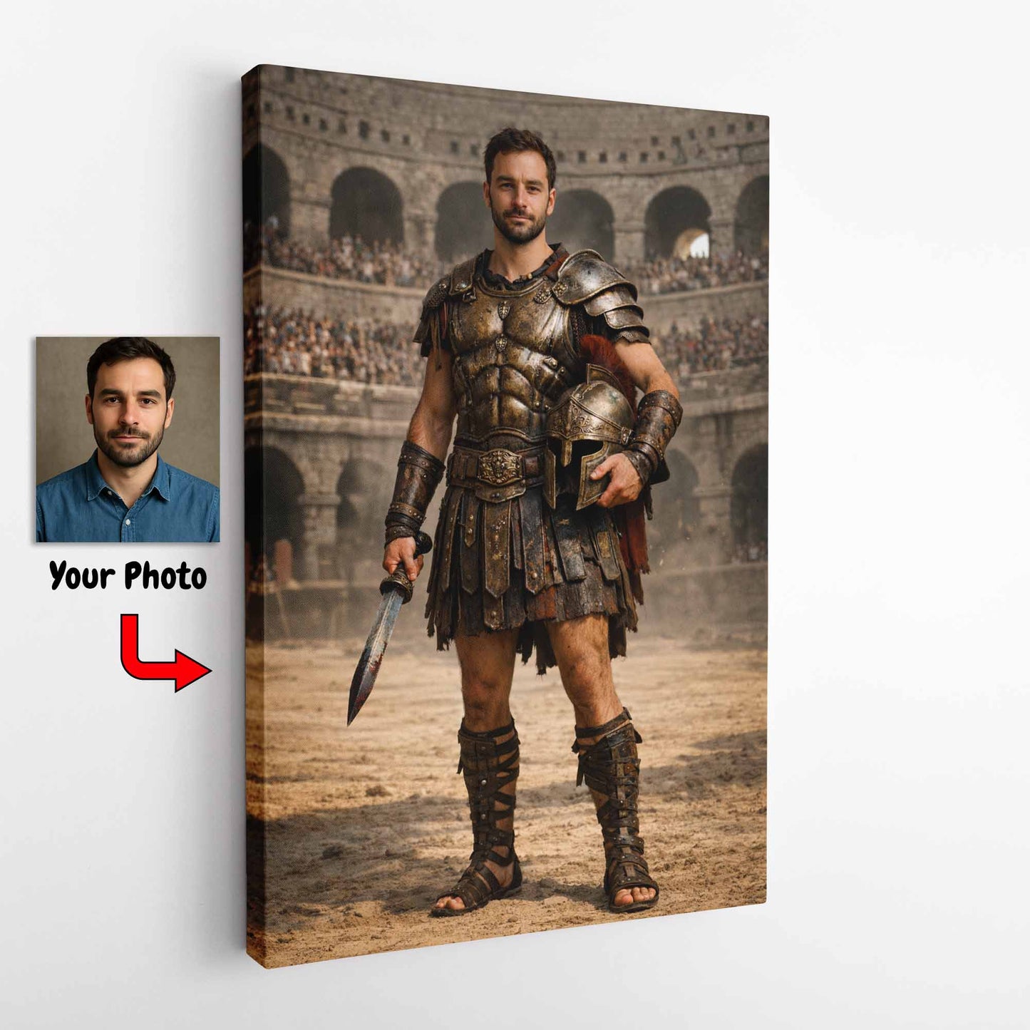 Personalised Roman Gladiator Portrait Canvas – Custom Photo Gladiator Warrior Wall Art