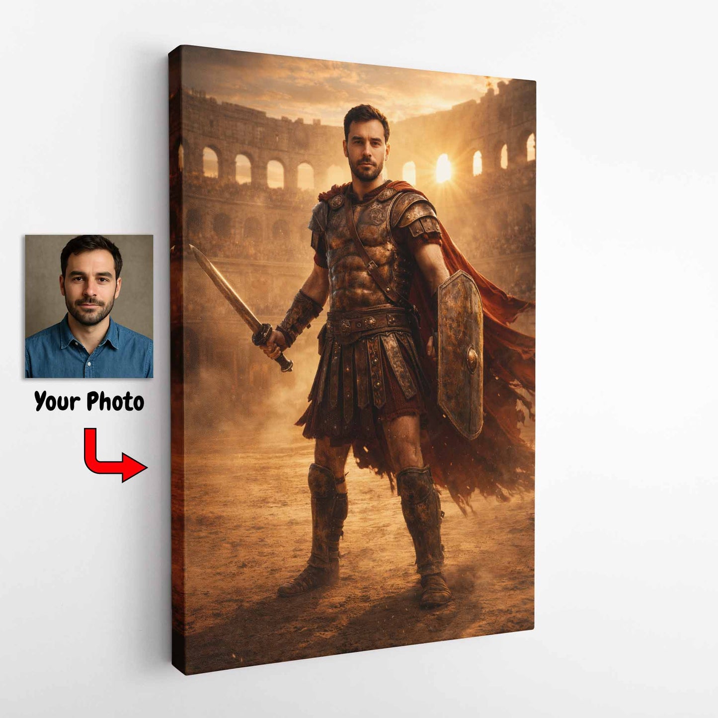 Personalised Roman Gladiator Portrait Canvas – Custom Photo Gladiator Warrior Wall Art