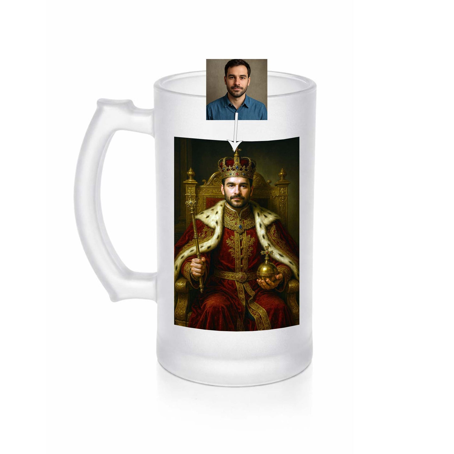 Turn your photo into a regal king portrait printed on a premium frosted glass beer mug. A unique personalised gift for birthdays, Father’s Day, and special occasions.