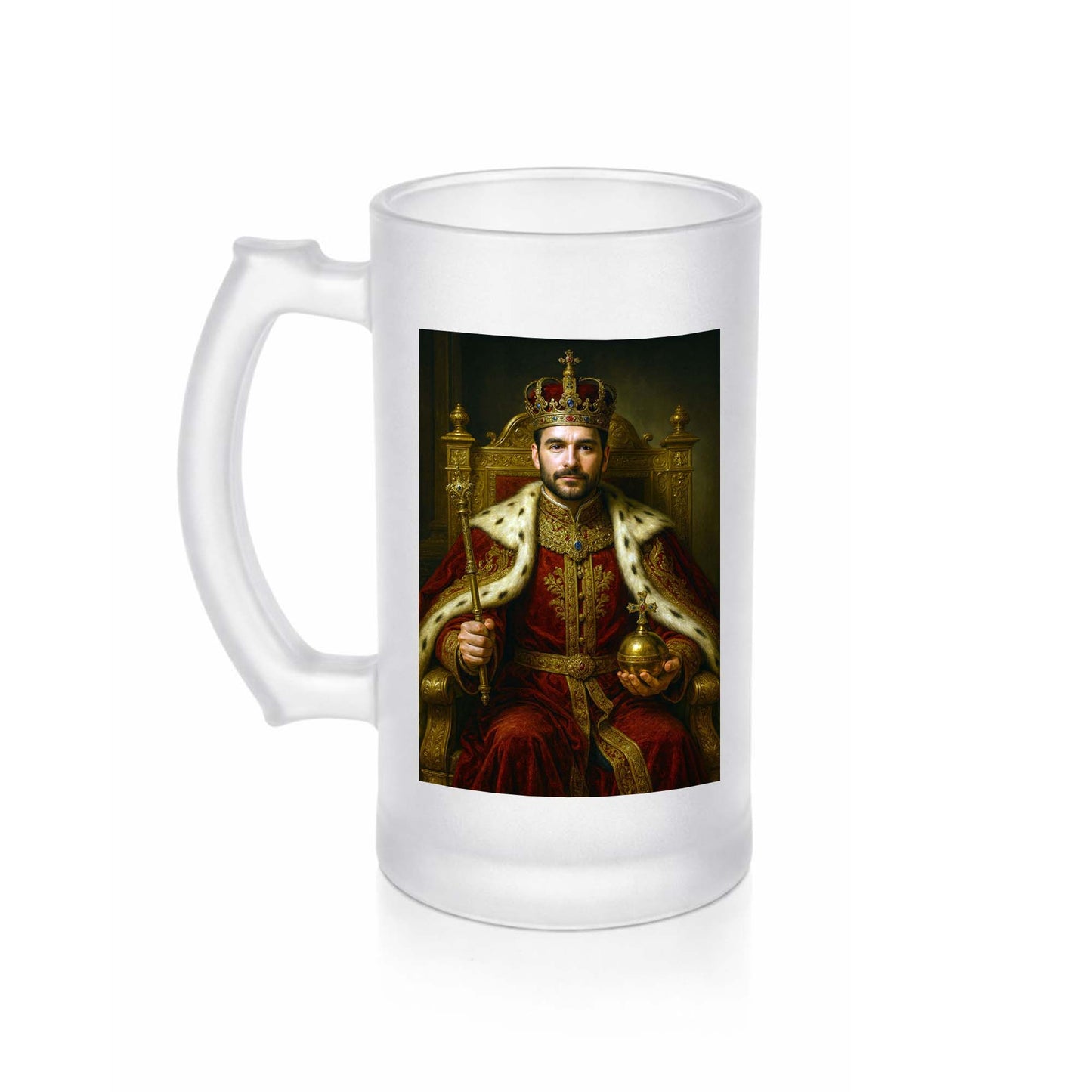 Turn your photo into a regal king portrait printed on a premium frosted glass beer mug. A unique personalised gift for birthdays, Father’s Day, and special occasions.