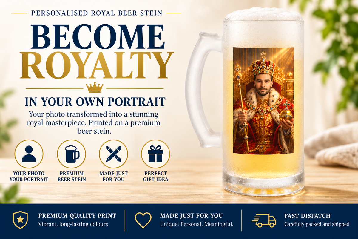 Turn your photo into a regal king portrait printed on a premium frosted glass beer mug. A unique personalised gift for birthdays, Father’s Day, and special occasions.