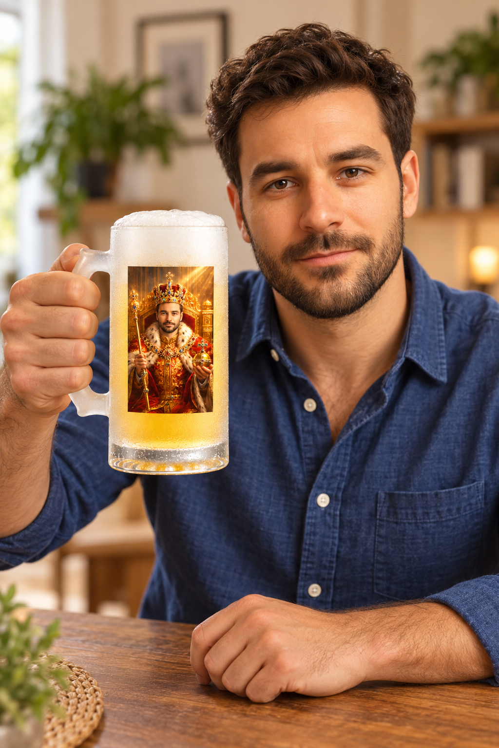 Turn your photo into a regal king portrait printed on a premium frosted glass beer mug. A unique personalised gift for birthdays, Father’s Day, and special occasions.