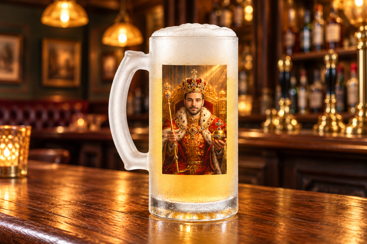 Turn your photo into a regal king portrait printed on a premium frosted glass beer mug. A unique personalised gift for birthdays, Father’s Day, and special occasions.