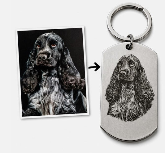 Personalised engraved stainless steel pet photo keyring with custom dog portrait laser engraved from customer's photograph.