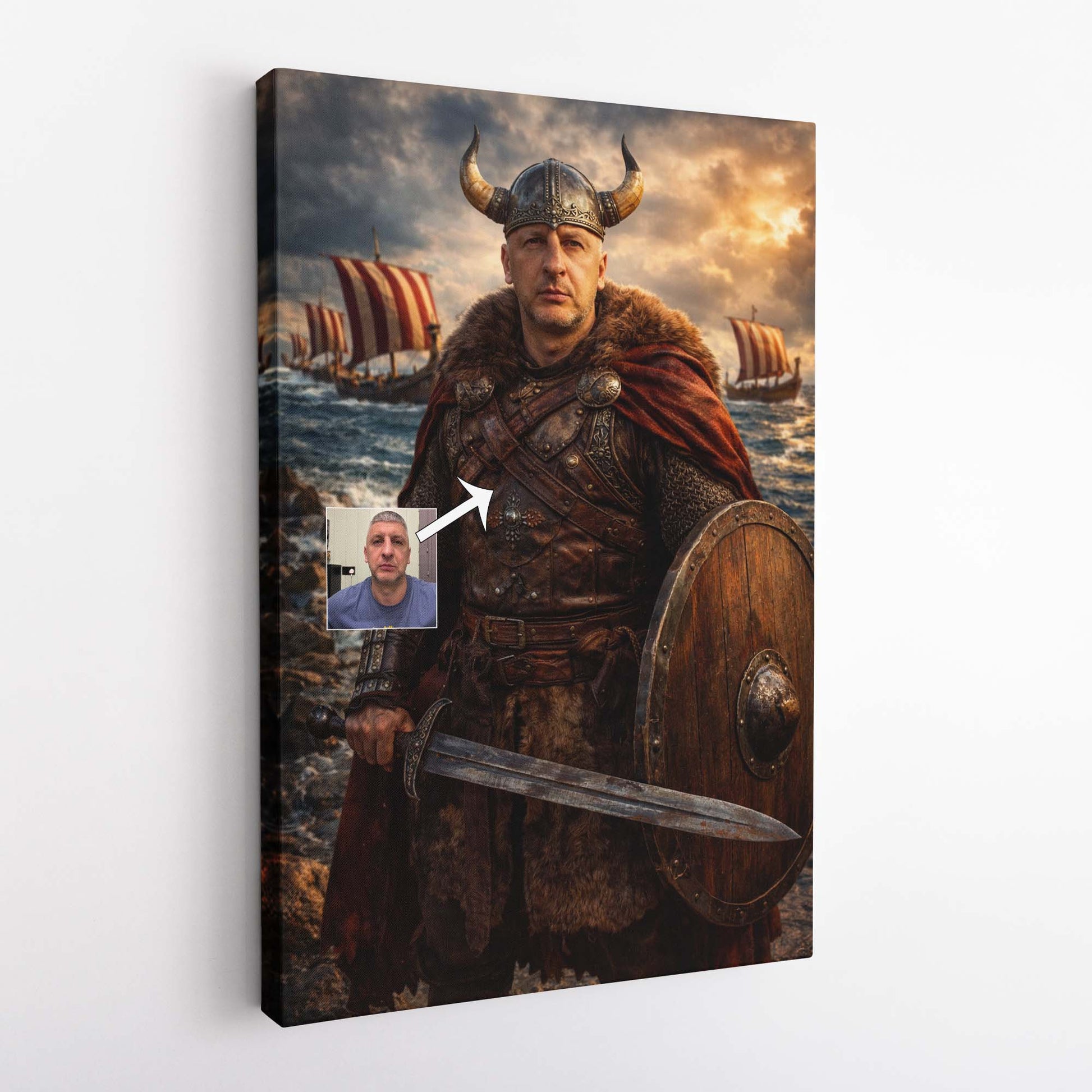 Personalised Viking warrior canvas print displayed standing on a wooden shelf, featuring a custom photo transformed into a cinematic Viking portrait with longships and a stormy sea background.