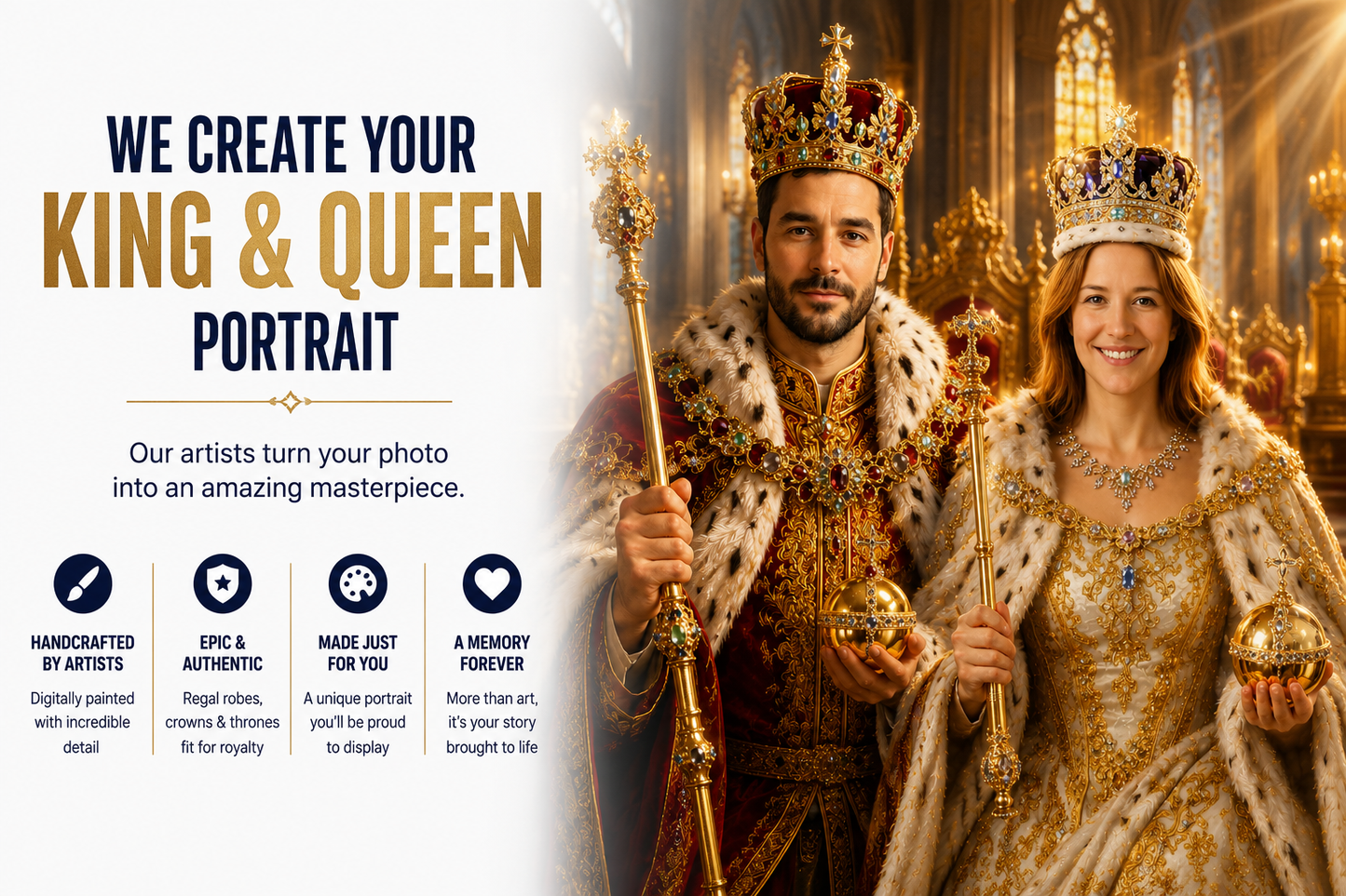 Luxury Shopify hero banner featuring personalised King and Queen portraits created from your photo, premium royal canvas artwork, custom regal wall art, photorealistic royal portraits and bespoke personalised gift.